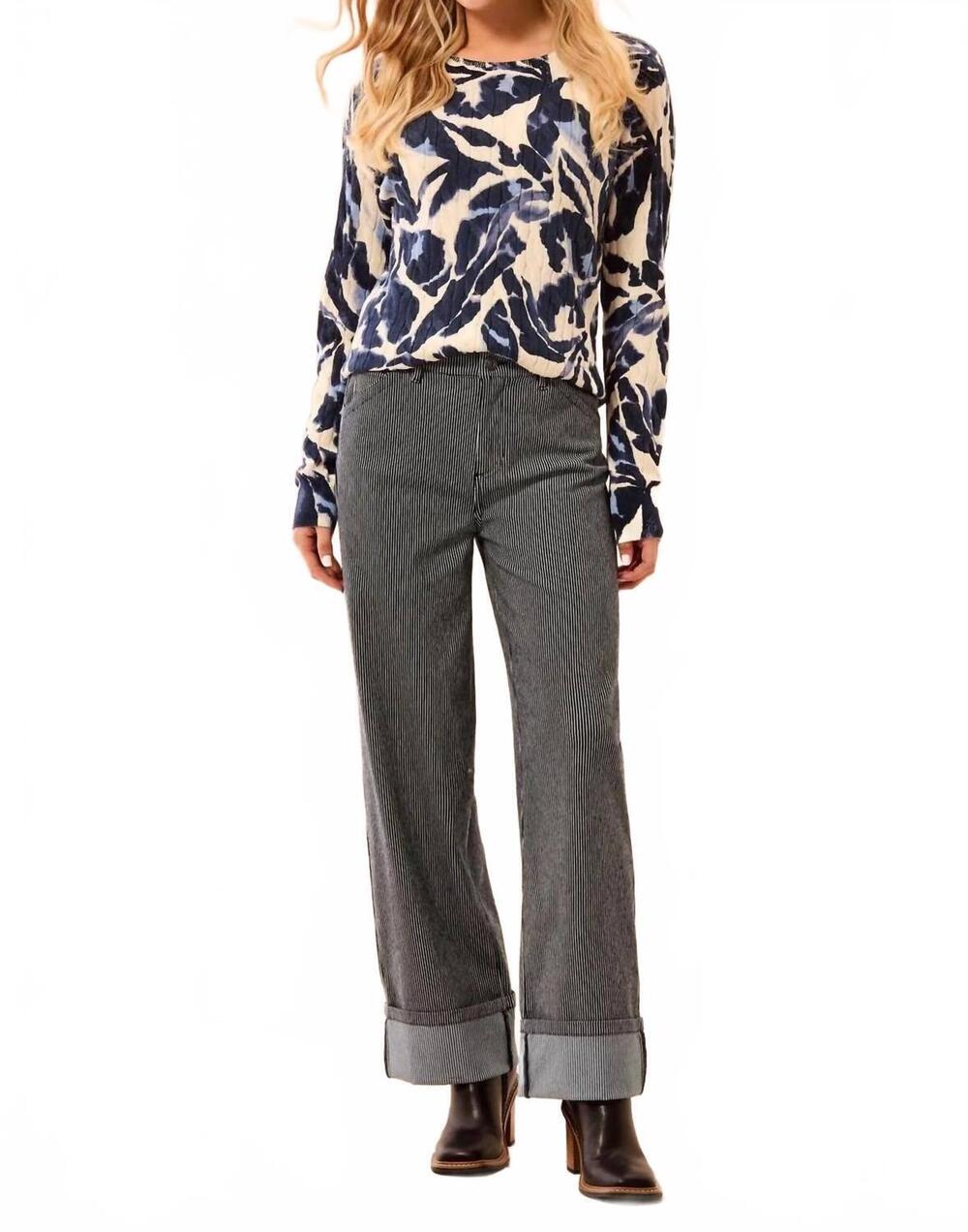 NEW TRIBAL women's pin striped with wide cuff wide leg denim jeans in sapphire